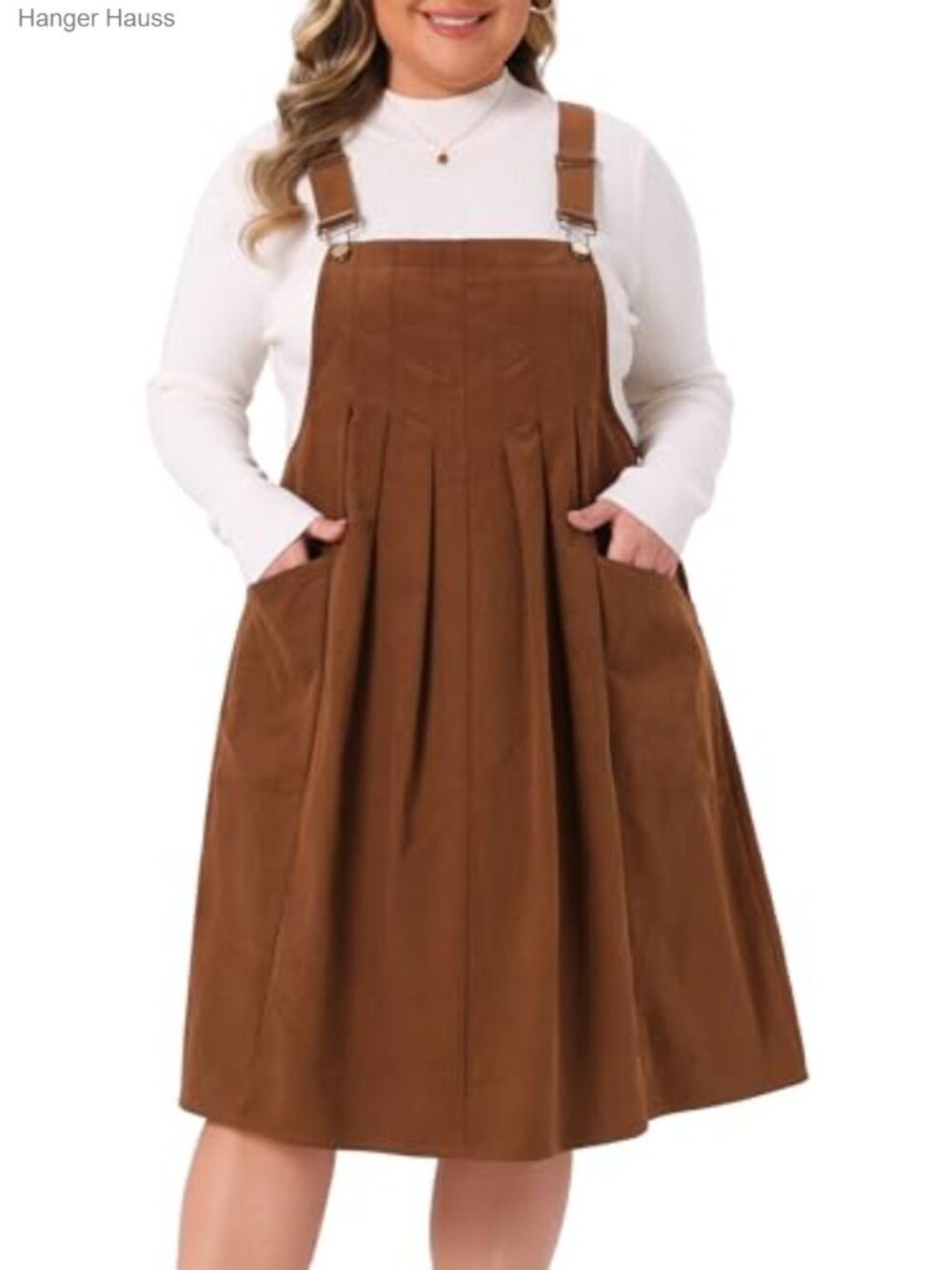 Plus Size Corduroy Pinafore Overall Dress Adjustable Straps A-Line Midi